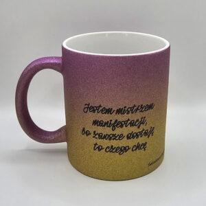 Brokatowy kubek różowo-złoty gradient z afirmacjami po obydwu stronach