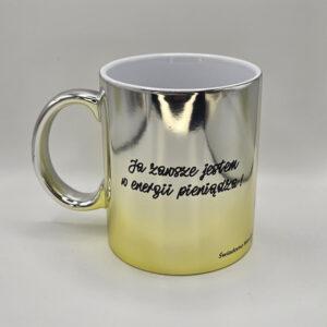 Kubek platerowany srebrno-żółty z afirmacjami po obydwu stronach