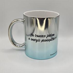 Kubek platerowany srebrno-błękitny z afirmacjami po obydwu stronach