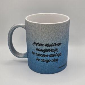 Brokatowy kubek srebrno-niebieski gradient z afirmacjami po obydwu stronach