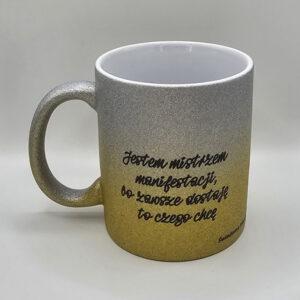 Brokatowy kubek srebrno-złoty gradient z afirmacjami po obydwu stronach