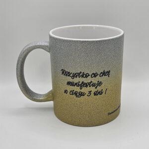 Brokatowy kubek srebrno-złoty gradient z afirmacjami po obydwu stronach